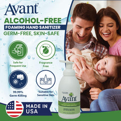 Avant Foaming Hand Sanitizer foam on hands highlights fast, residue-free application.