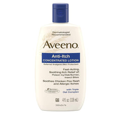 Aveeno Anti-Itch Lotion bottle front shows calamine for soothing, itch relief.