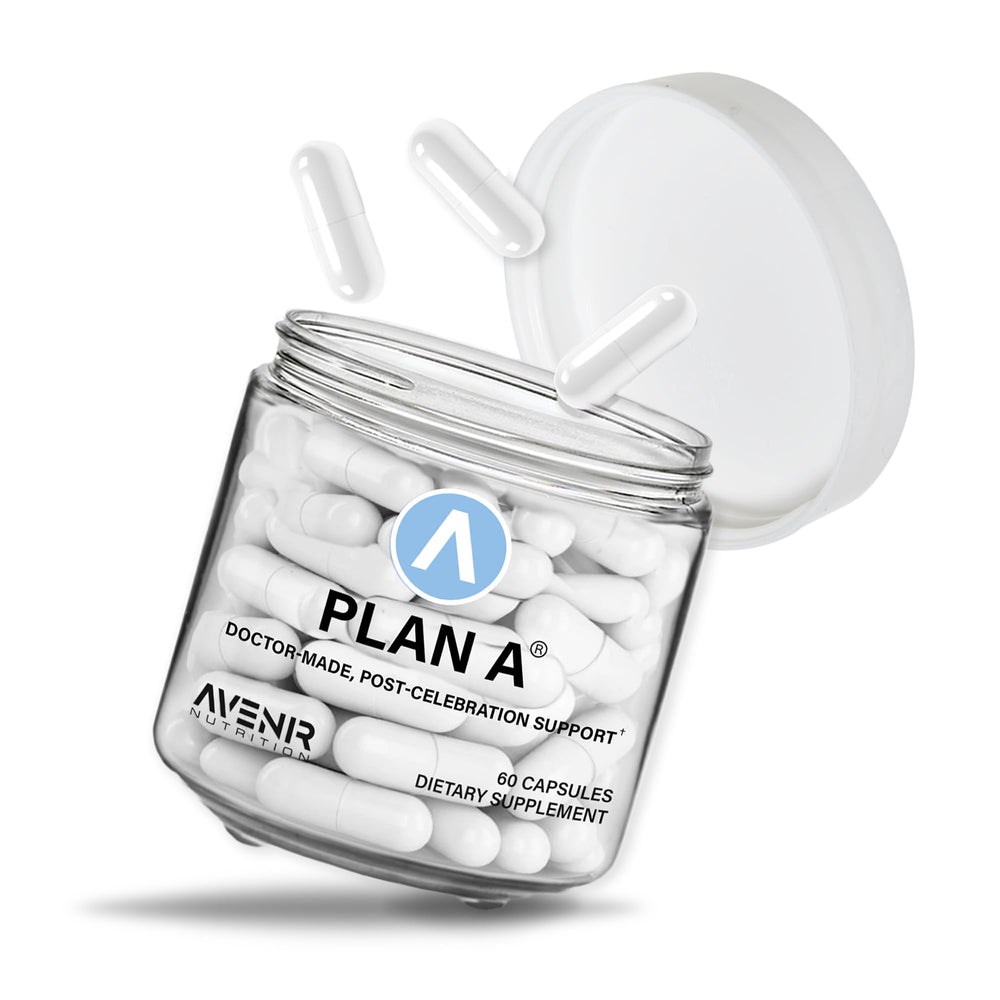 Avenir Nutrition Plan A bottle front showing post-celebration relief potential