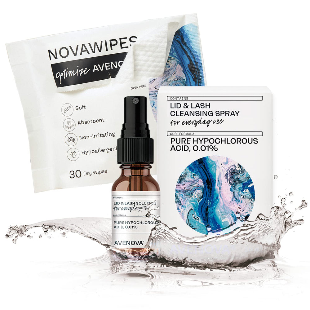 Avenova eyelid cleanser spray shown in a glass bottle for gentle lid cleansing and clear eyes.