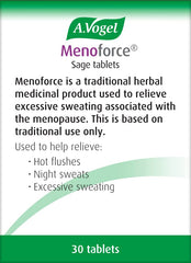 A.Vogel Menoforce Sage Tablets packaging with tablet view emphasizing traditional herbal relief option