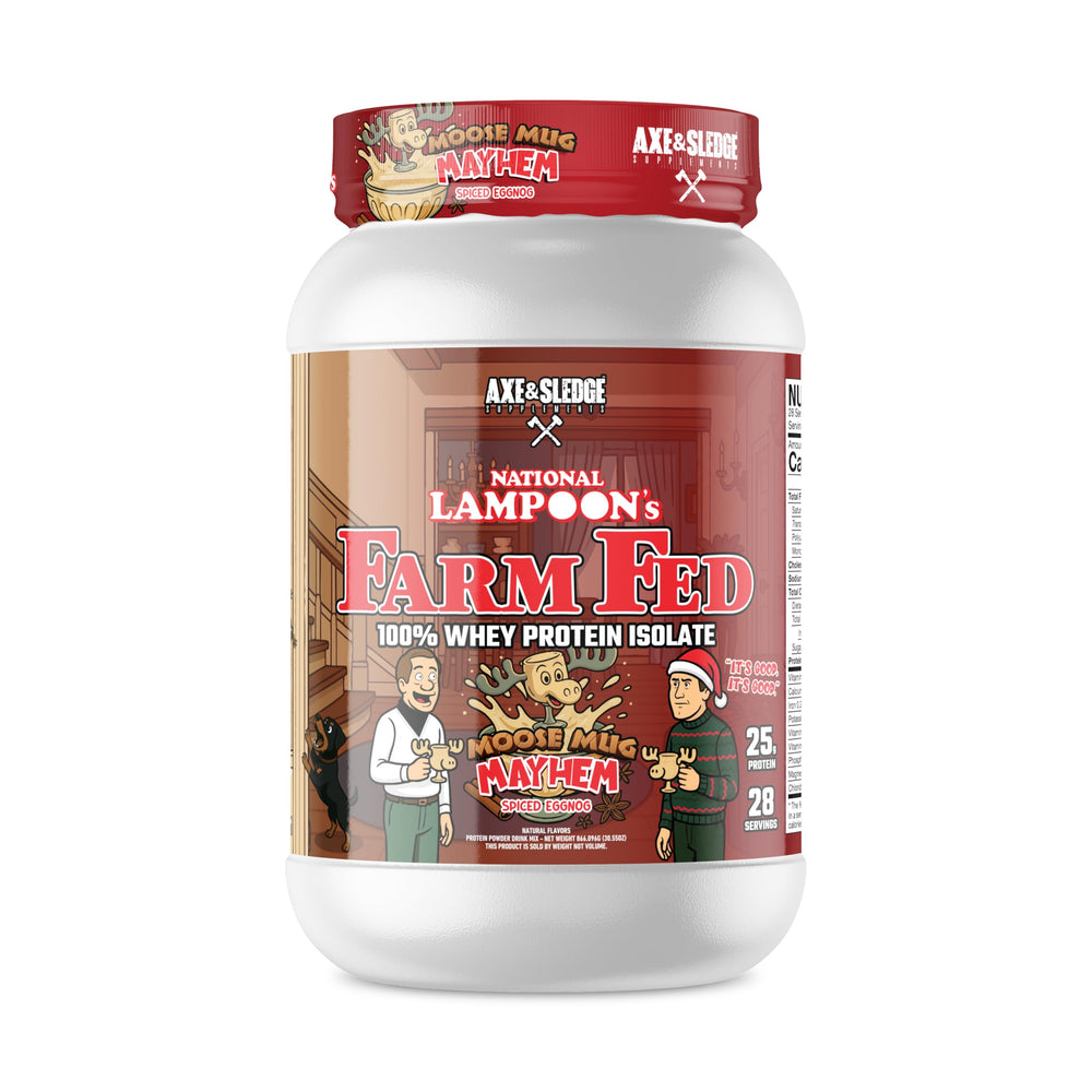 Axe & Sledge Farm Fed whey protein isolate tub front view for lean muscle support.