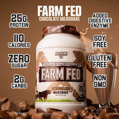 A shake being poured from Farm Fed whey isolate bottle for post-workout fueling.