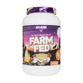 Axe & Sledge Farm Fed whey tub front view showing premium protein packaging
