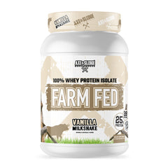 Axe & Sledge Farm Fed whey tub shows 25 g protein for muscle support.