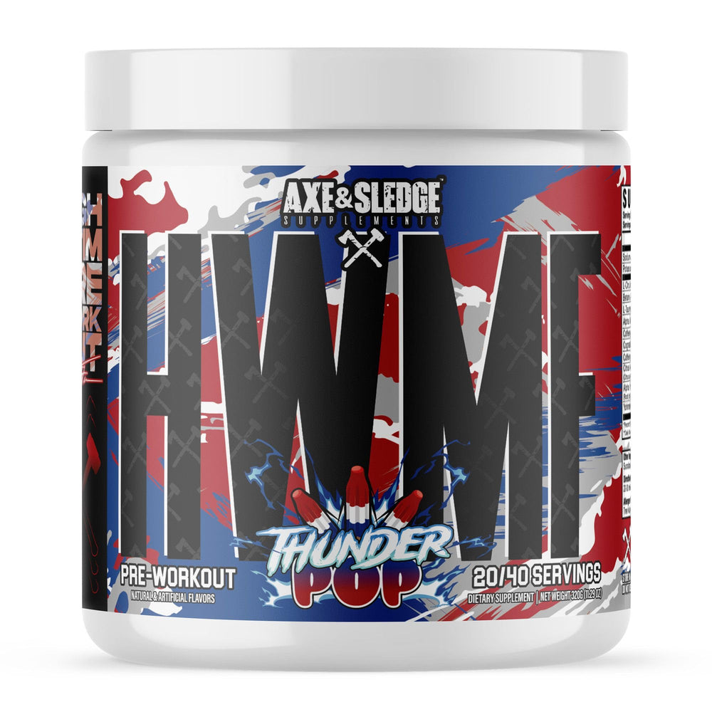 Axe Sledge HWMF high-stim powder tub showcasing sustained workout energy.