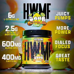 Close-up of HWMF label highlighting caffeine content.