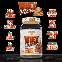 Axe & Sledge WHEY MORE container label closeup highlights premium blend and mixability