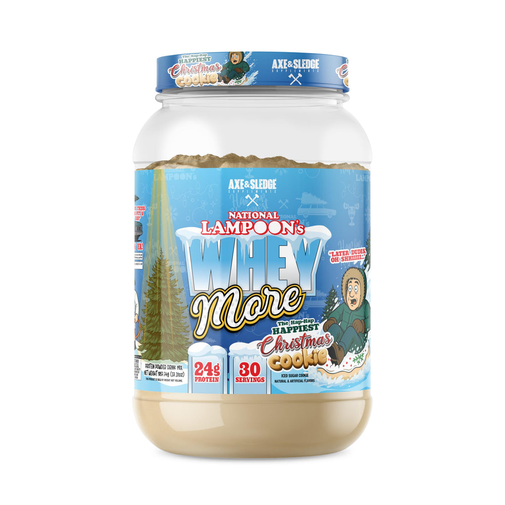 Axe and Sledge WHEY MORE protein powder tub ready for a rich, high-protein shake.