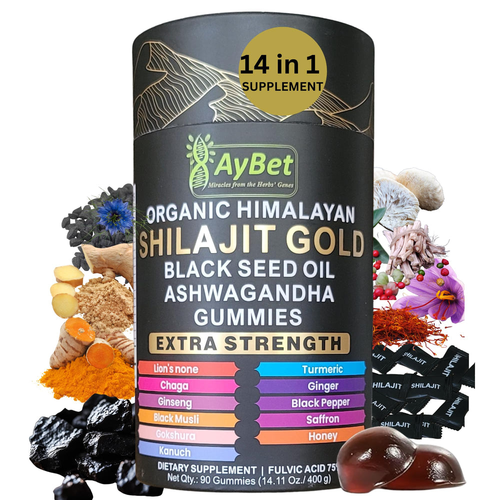 AyBet Shilajit Gold Gummies bottle for easy daily wellness support.
