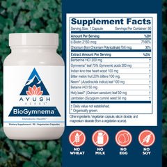 Ayush Herbs BioGymnema capsules close-up of vegetarian capsules for easy dosing.