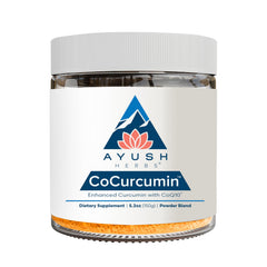 Ayush Herbs CoCurcumin jar front view highlights turmeric blend for joint and skin support