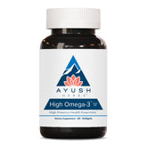 Ayush Herbs High Omega 3 bottle with softgels for daily heart and mind support.