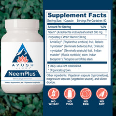 Ayush Herbs Neem Plus capsules close-up emphasizing vegetarian formula