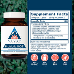 Ayush Herbs Probiotic 100B label details and ingredients supporting gut health.