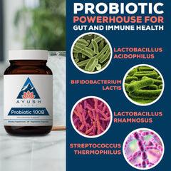 Ayush Herbs Probiotic 100B bottle on shelf-stable packaging.