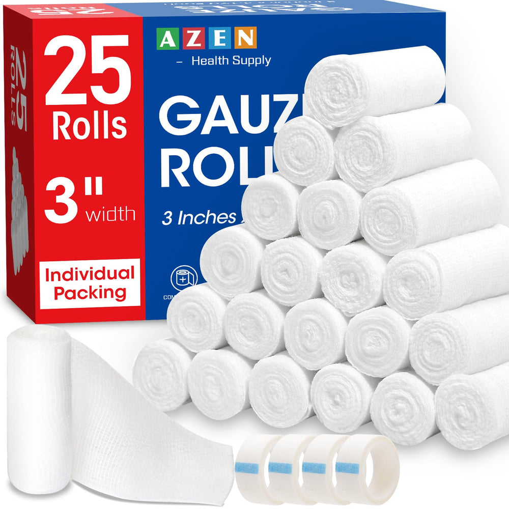 AZEN 25-pack gasa rollos en caja para primeros auxilios en casa.
