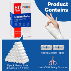 AZEN gauze rolls with included tapes for quick dressing changes.