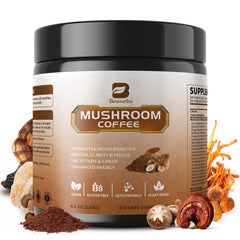 B BEWORTHS mushroom coffee powder featuring the 10-mushroom blend for daily focus.