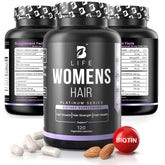 B Life Hair Vitamins bottle label shows biotin and collagen benefits for hair.