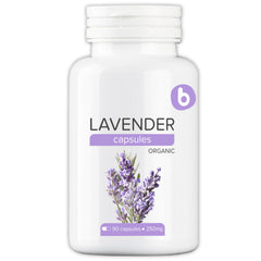 b Organic Lavender Capsules bottle front promotes natural relaxation at home.