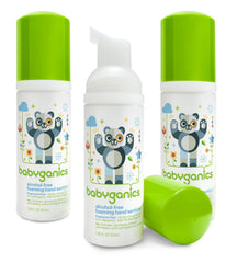 Babyganics hand sanitizer foam bottle on the go for quick, gentle germ reduction.