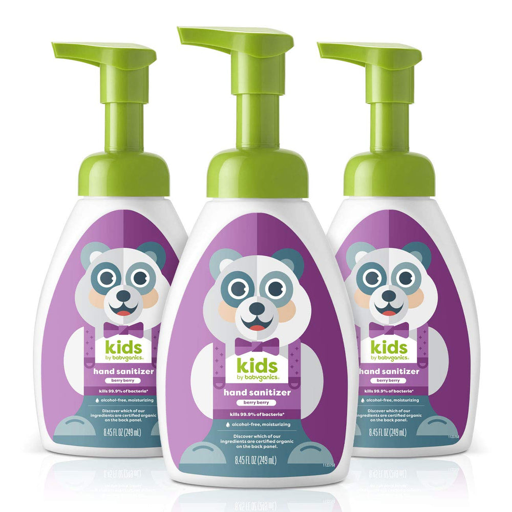 BabyGanics Berry Berry sanitizer bottle with pump for quick, gentle hand cleansing.