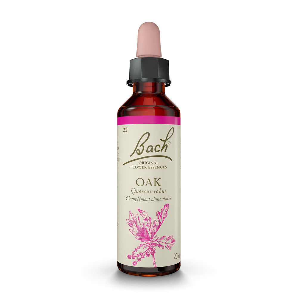Bach Oak remedy bottle label highlighting natural flower essence for emotional balance.