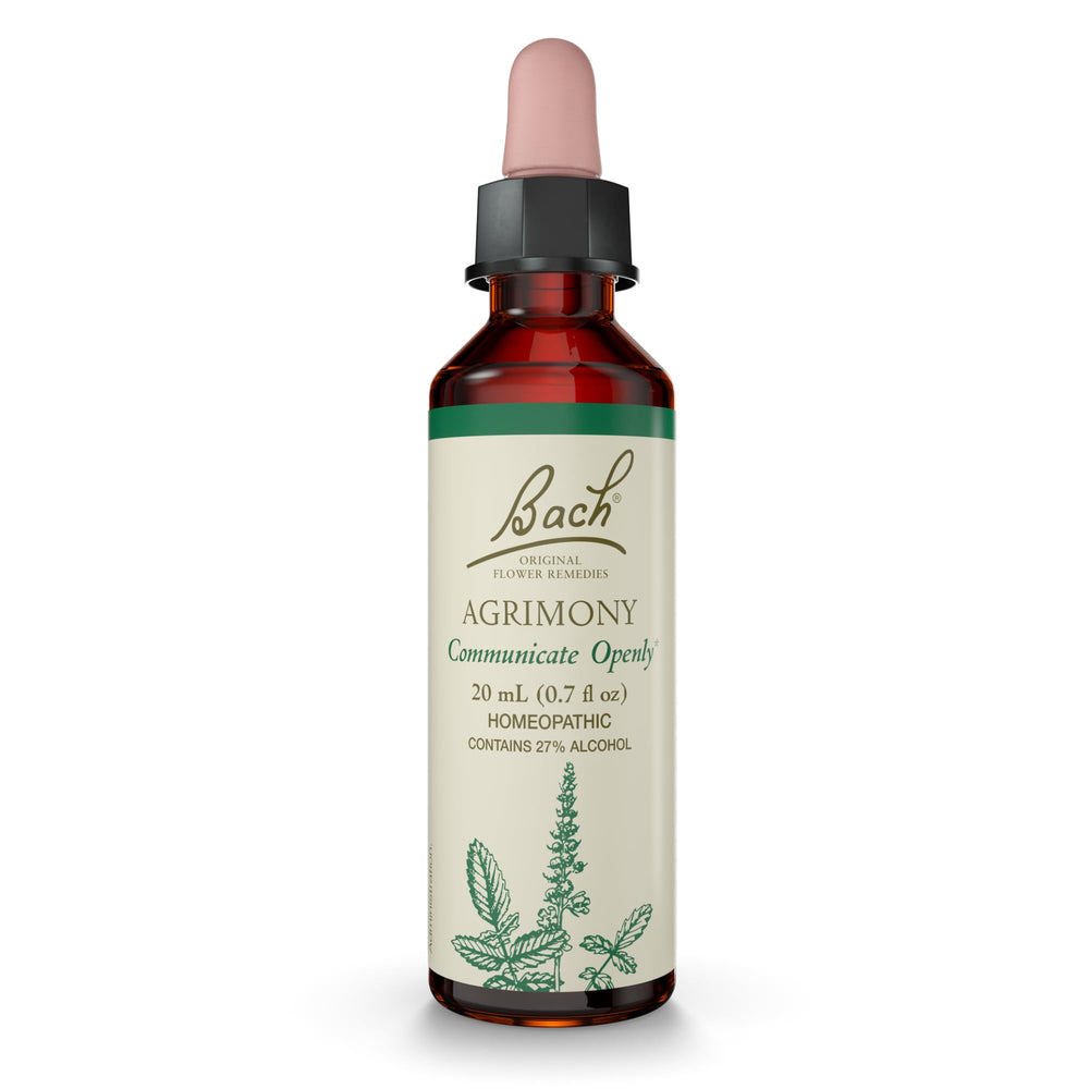 Bach Original Agrimony bottle label illustrating emotional balance support.