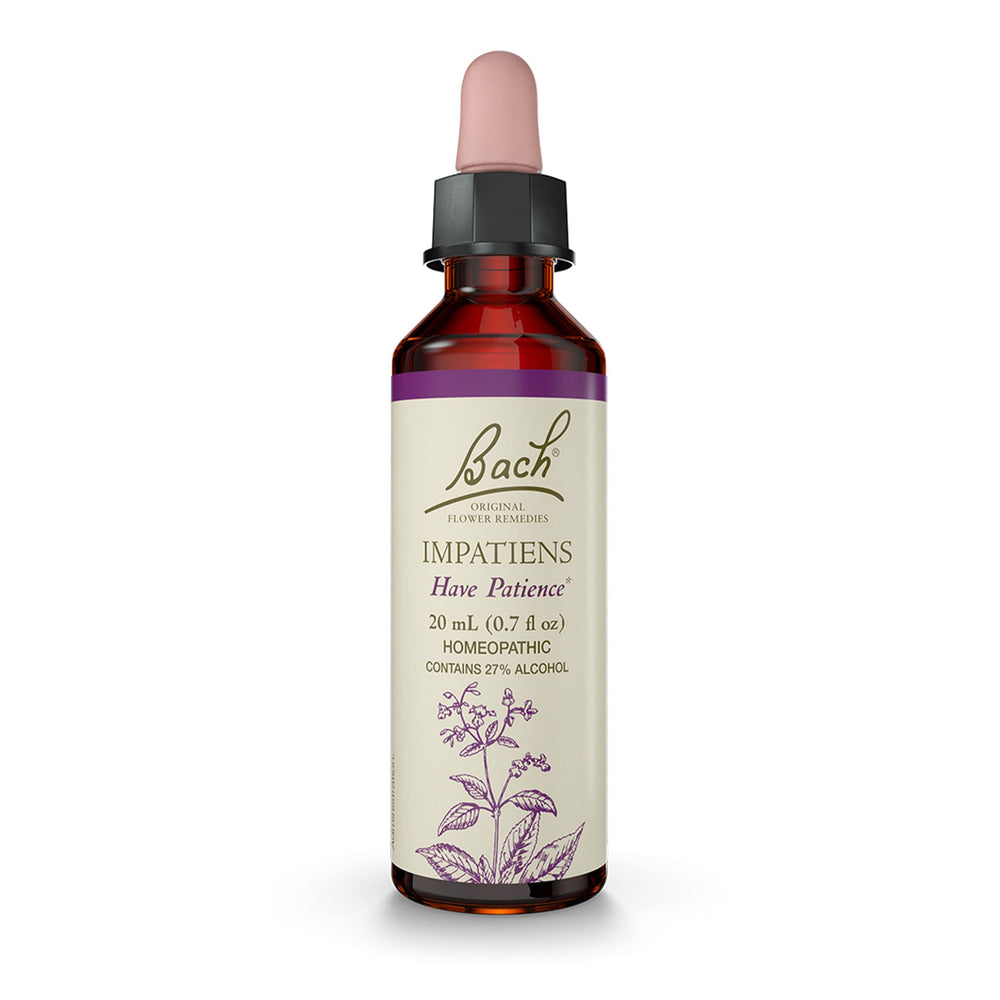 Bach Original Impatiens bottle on shelf promoting calmer patience in daily life.