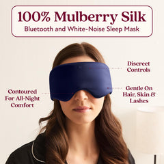 Back Bay Audio SilkSound mask with flat speakers demonstrates comfortable sleep layering.