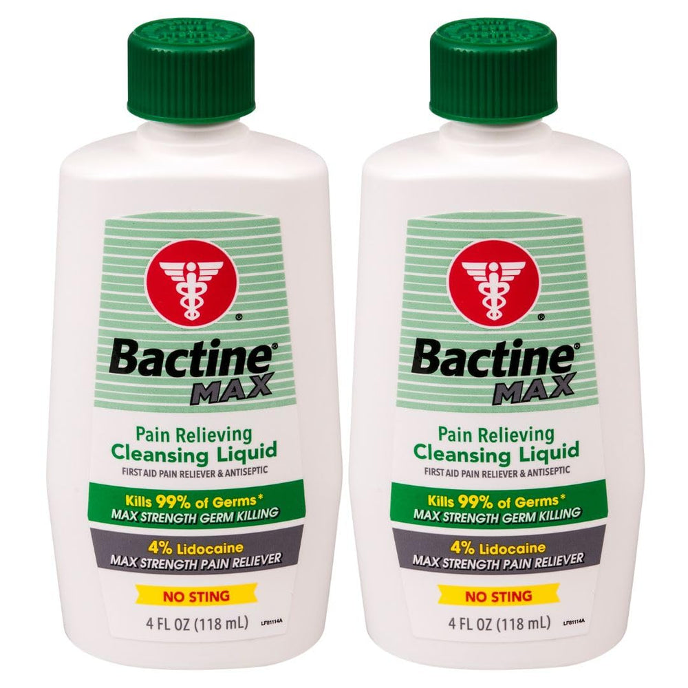 Bactine Max empaque y botella de 4 onzas, listo para primeros auxilios.