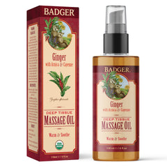 Badger Ginger Massage Oil warming cayenne for deeper tissue relief.