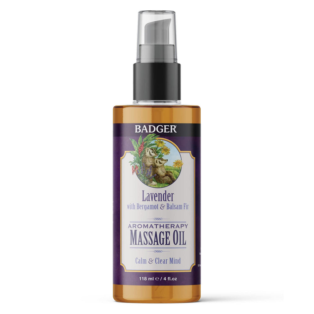 Badger Lavender Massage Oil bottle ready for calming aromatherapy and massage.