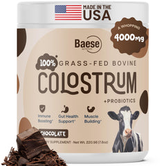 Baese Nutrition organic chocolate colostrum powder bottle close-up for convenient daily use.