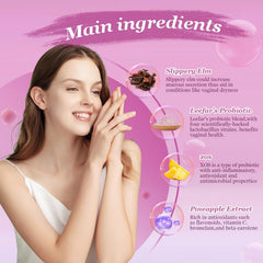 Bakong Her Juicy Gummies ingredient label featuring slippery elm and prebiotics.