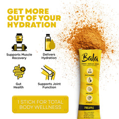 Bala Enzyme Hydration pineapple packet shows sugar-free refreshment with immune-supporting ingredients.