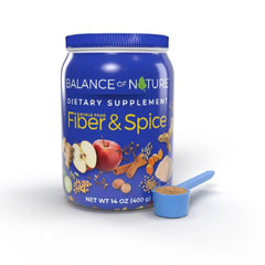 Balance of Nature Fiber & Spice powder dispense shows a simple two-scoop measure for daily use.