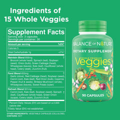 Balance of Nature Veggies bottle closeup highlights vegan, gluten-free capsules