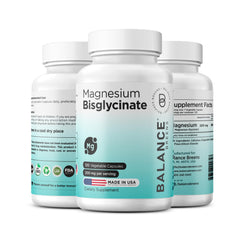 Balancebreens magnesium bisglycinate 200mg bottle showing label; gentle absorption for daily wellness.
