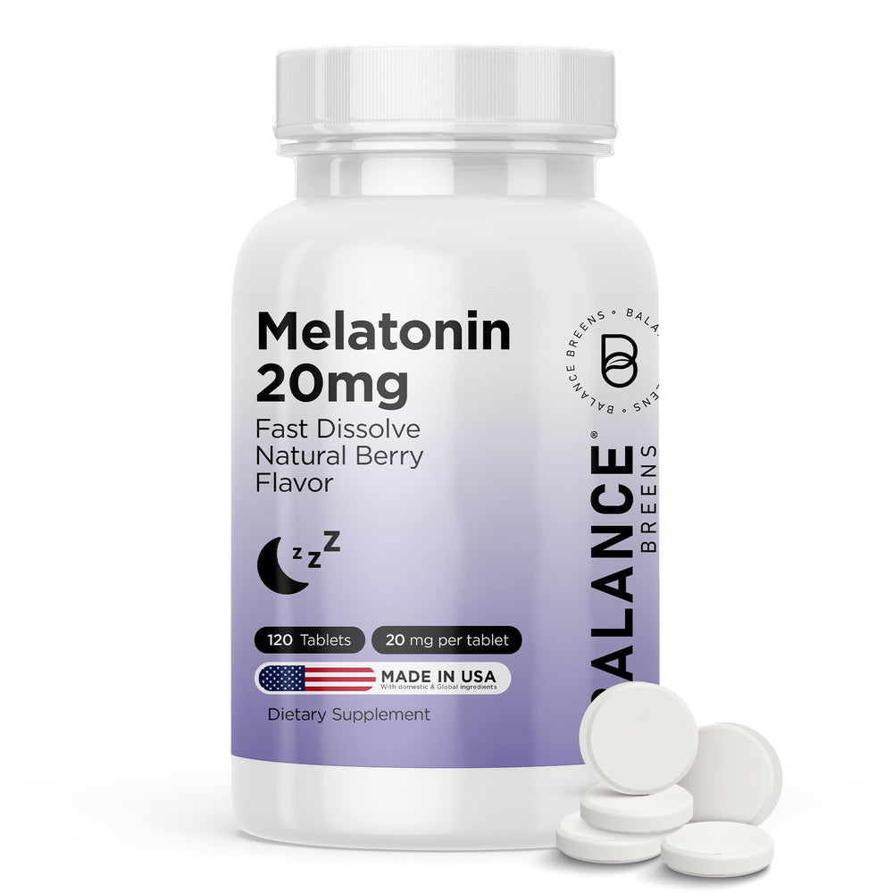 Balancebreens Melatonin 20mg fast-dissolve tablets bottle promotes easier sleep onset.