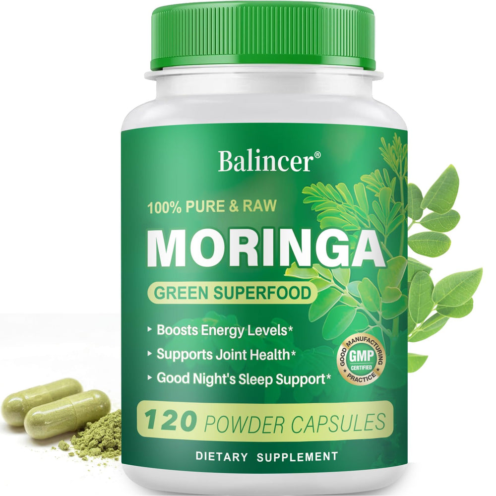 Balincer Moringa leaf powder bottle showing vibrant green capsules for antioxidant support