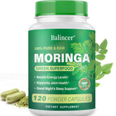Balincer Moringa leaf powder bottle showing vibrant green capsules for antioxidant support