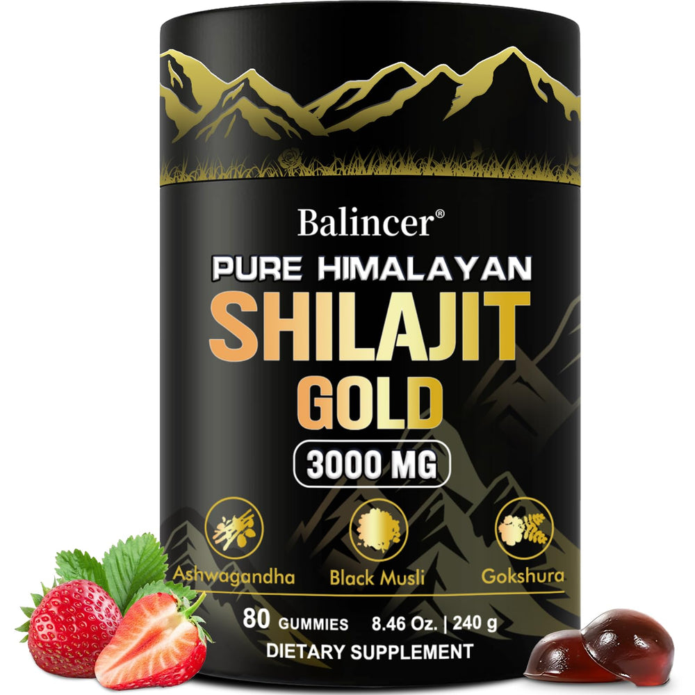 Balincer Pure Himalayan Shilajit Gummies jar with glossy strawberry flavor for daily energy