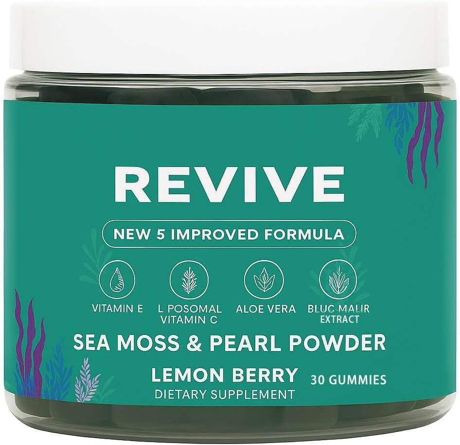 Balmbare Revive Gummies sea moss bottle showcases minerals potentially supporting hair and nails