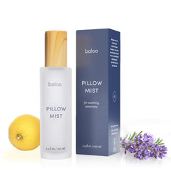 Baloo Pillow Mist bottle with lavender-bergamot aroma for restful sleep.