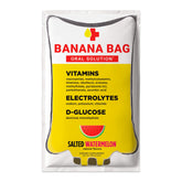 Banana Bag Oral Solution packets close-up for convenient, rapid rehydration after drinking.