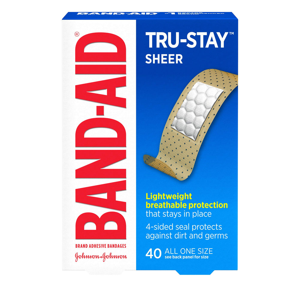 Band-Aid Tru-Stay Sheer Strips packaging showing discreet wound protection.