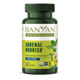 Banyan Botanicals Adrenal Nourish bottle on a neutral surface for daily energy support.