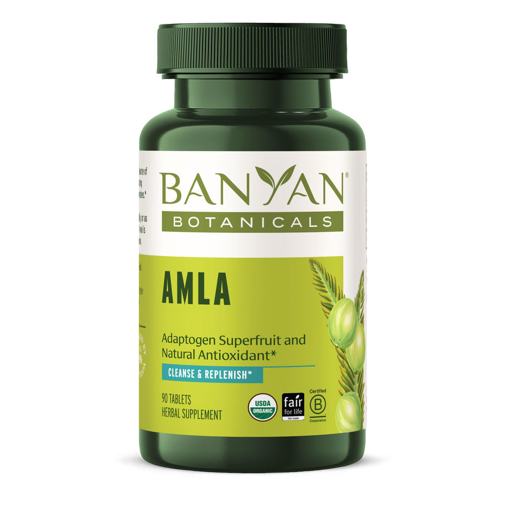 Banyan Botanicals Amla tablets bottle showing convenient vegan vitamin C source for digestion support.